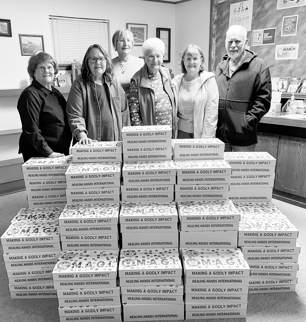 Members of the Church of Christ at Little with the “Magi Boxes” they have assembled that will be shipped across the world. Pictured l-r: Sandy Birdwell, Mary Boydstun, Teresa Ashcraft, Joyce Boggs, Debbie Ernst and Larry Ernst. (Courtesy photo)