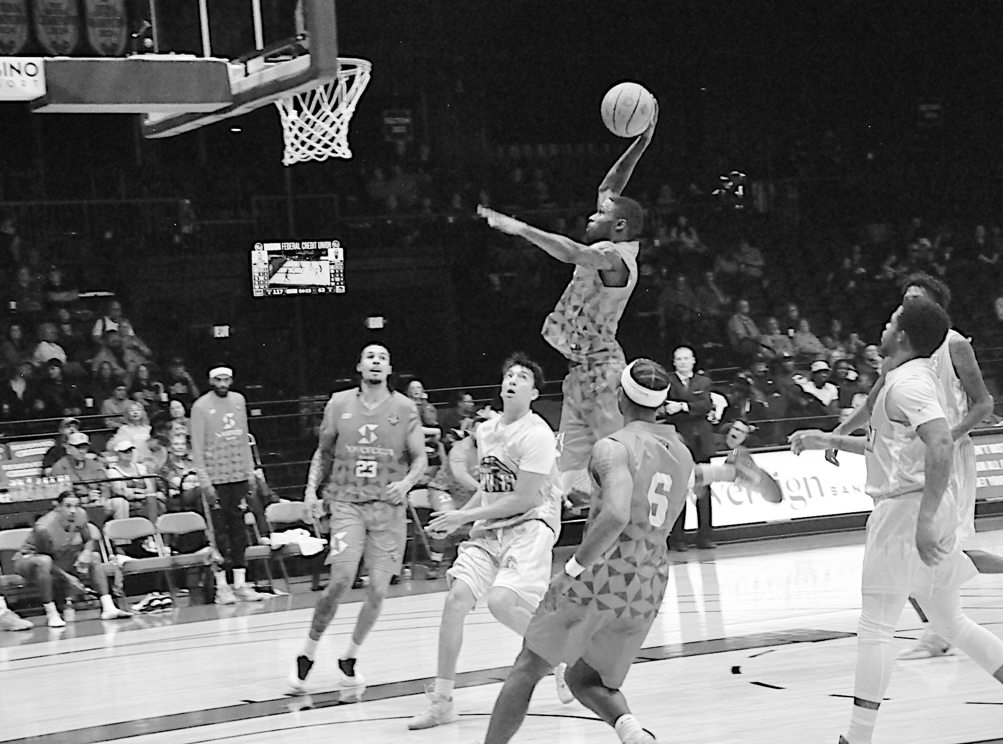 Potawatomi Fire Kam Williams flies in for the slam dunk Friday night against the Clutch. Staff Photo by Bill Anderson