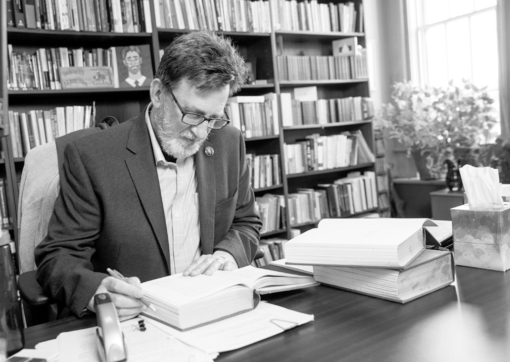 Jerry Telmen, a contracts professor at Oklahoma City University School of Law, is shown in his office on July 7, 2026. (Brent Fuchs/Oklahoma Watch)