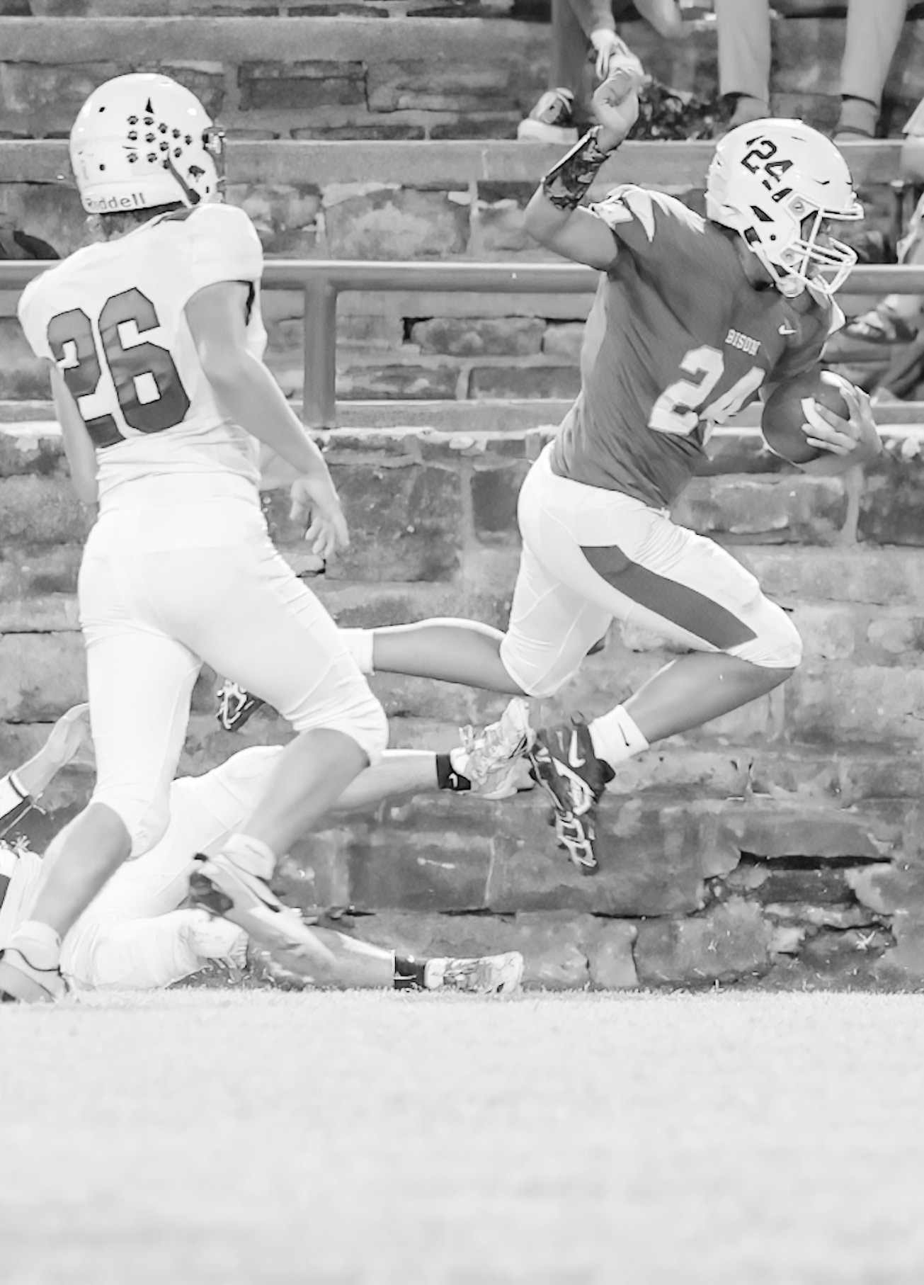 Bowlegs Bison Cylas Mack tries to go over a would be Fox tackler. Courtesy Photo by Glen Bryan