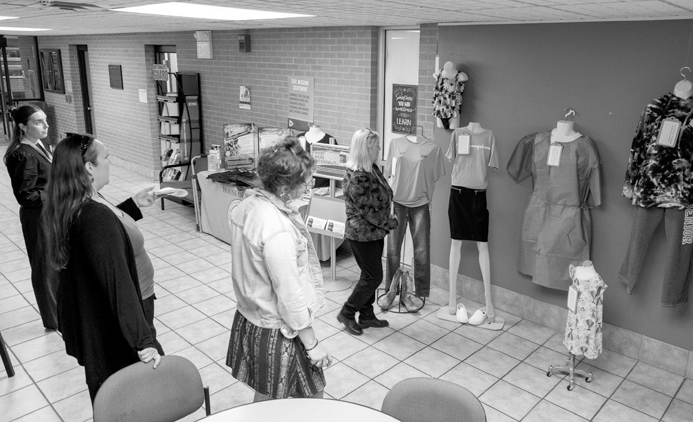 Above, Seminole State College is hosting an exhibit by the Citizen Potawatomi Nation House of Hope this week in Tanner Hall. The display features clothing based on survivors’ descriptions of what they were wearing during an assault and challenges the my
