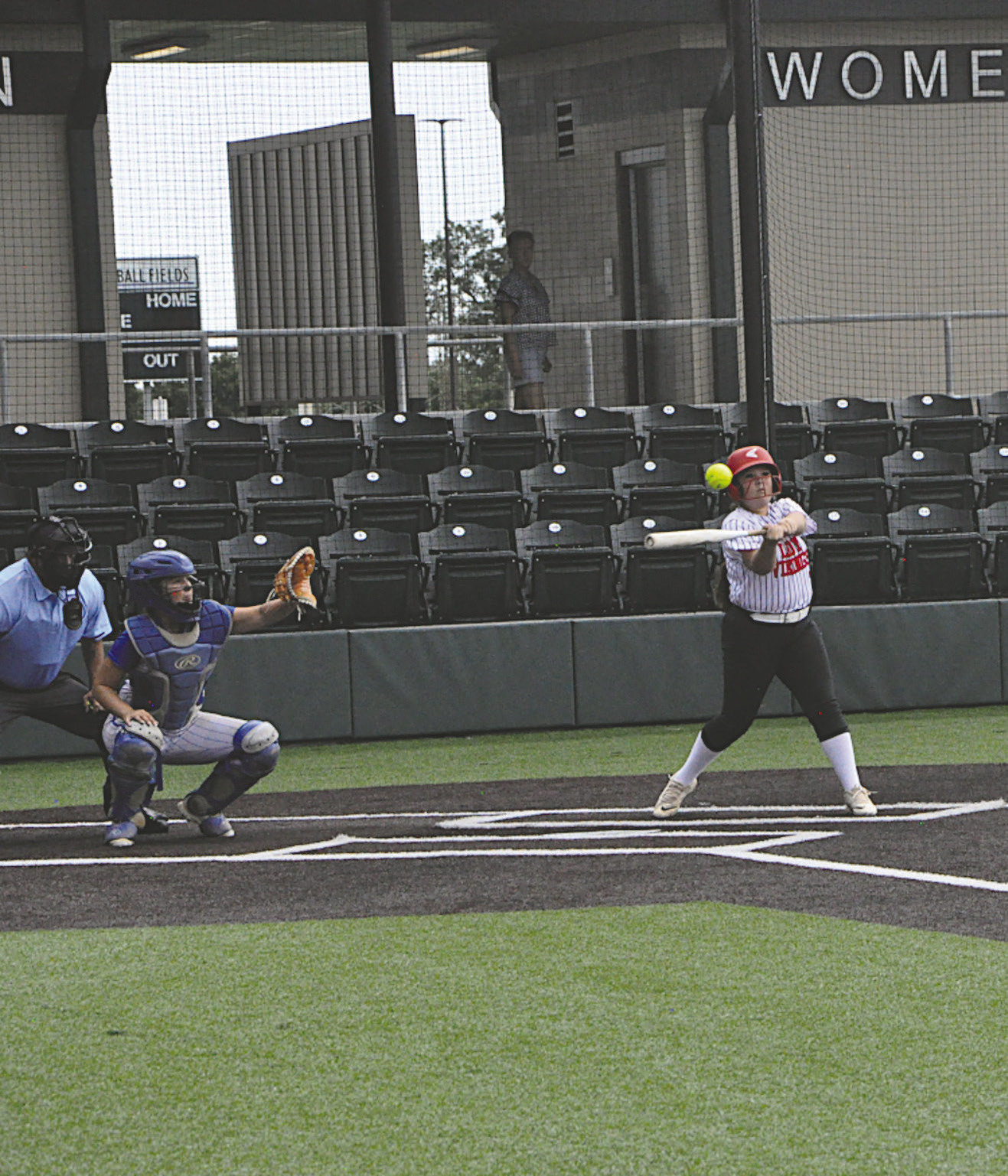 Sasakwa / Maud player Gabby Taylor gets a base hit Thursday afternoon. Staff Photo by Bill Anderson