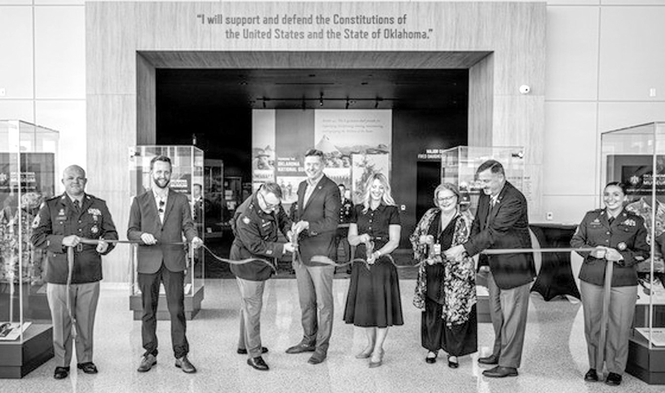 (Left to right): Jay Fox, Hensel Phelps Construction; Maj. Gen. Thomas H. Mancino, adjutant general for Oklahoma, Mayor David Holt, mayor of Oklahoma City, Mrs. Cindy Lankford, representing Senator James Lankford; Dr. Denise Neil, Oklahoma National Guard Museum executive director, join in the ribbon cutting for the Oklahoma National Guard Museum in Oklahoma City, June 11, 2026. (Oklahoma National Guard photo by Anthony Jones)