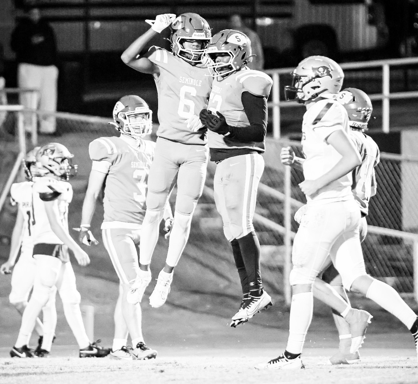 Seminole Chieftains WR Jay Ladd and OL Ty Washington celebrate Ladd’s receiving touchdown Courtesy Photo by Ben Schatzel