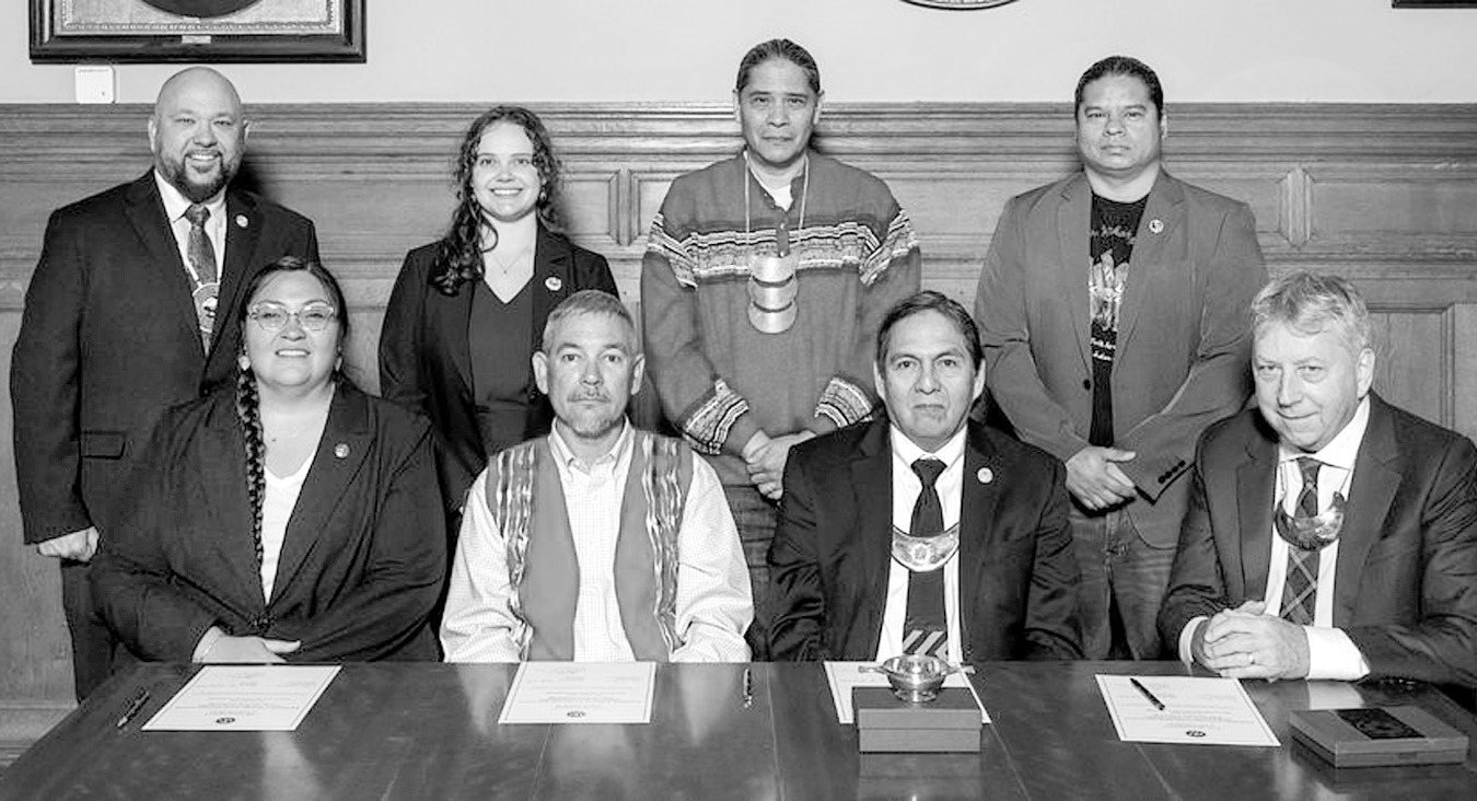L-R Back Row: MCN Press Secretary Jason Salsman, MCN Assistant NAGPRA Coordinator Abigail Dairaghi, MCN Ambassador Jonodev Chaudhuri, MCN Deputy Secretary of Culture &amp; Humanities Anthony Beaver. L-R Front Row: MCN Secretary of Culture &amp; Humanities