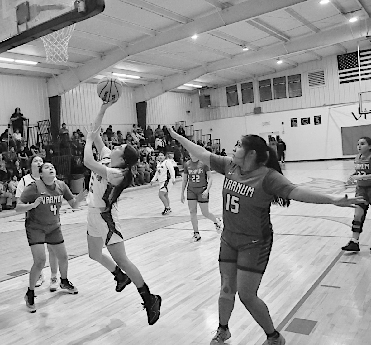 Sasakwa Lady Viking KK Wheeler cuts through the middle for the basket Tuesday night. Staff Photo by Bill Anderson