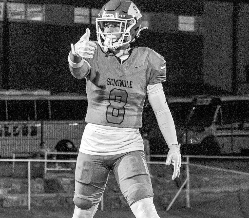 Seminole Chieftain wide receiver Austin Smith lines up before a play in Friday night’s matchup with the Checotah Wildcats. Friday was the season opener for the Chiefs, and they walked away with a 34-27 victory. See page 5 for more. —Staff photo by Ben