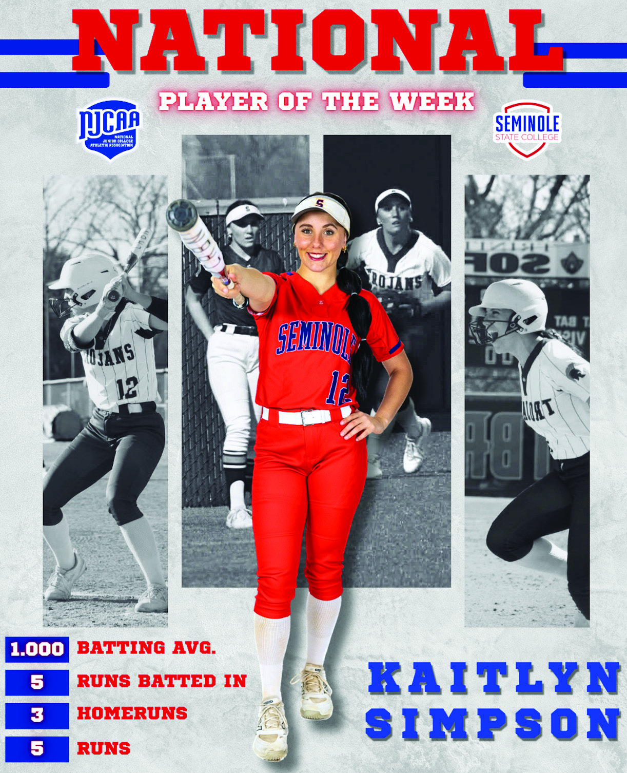 Seminole State - April 8, 2026 | Softball Seminole State softball’s very own Katie Simpson earns NJCAA DI National Player of the week. Simpson batted an outstanding 1.000 average, had 5 runs batted in, 3 homeruns, and scored 5 runs herself. Courtesy Pho