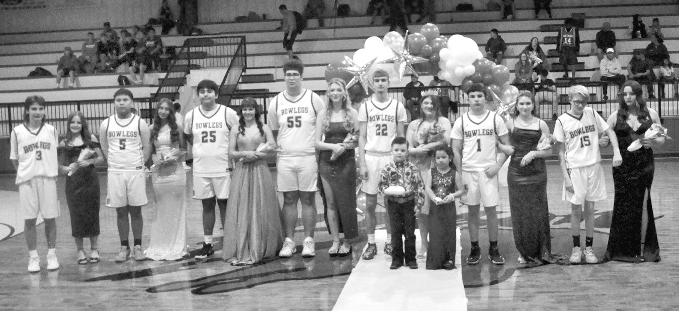 Bowlegs High School celebrated its 2026 Basketball Homecoming Tuesday night. Pictured l-r are Tucker Goodnight, Kenlee Oyler, Cylas Mack, Kendall Perkins, Kingston Burgess, Marybeth Dunagan, Darius Morrison, Abby Brashears, Seth Leewright (king), Melissa 