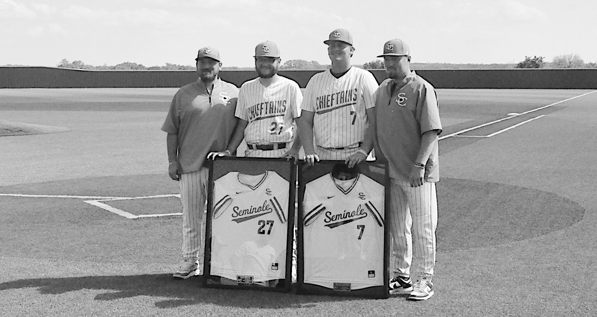 Seminole Chieftains honored two seniors before their ball game Thursday. Pictured is Alec Welch and Maverick Northrip. Staff Photo by Bill Anderson