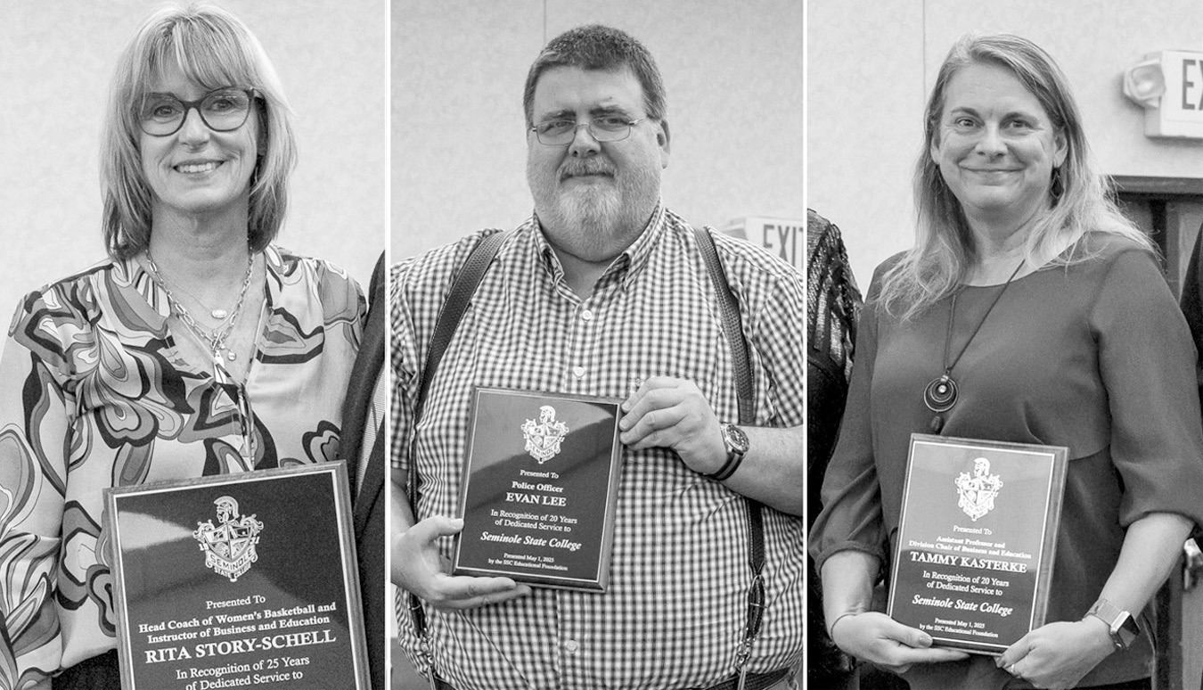 Three employees were honored for their years of service during the SSC Spring Recognition Banquet. Pictured left to right are: Rita Story-Schell, Head Coach of Women’s Basketball and HPER Instructor, recognized for 25 years; Evan Lee, Campus Police Offi