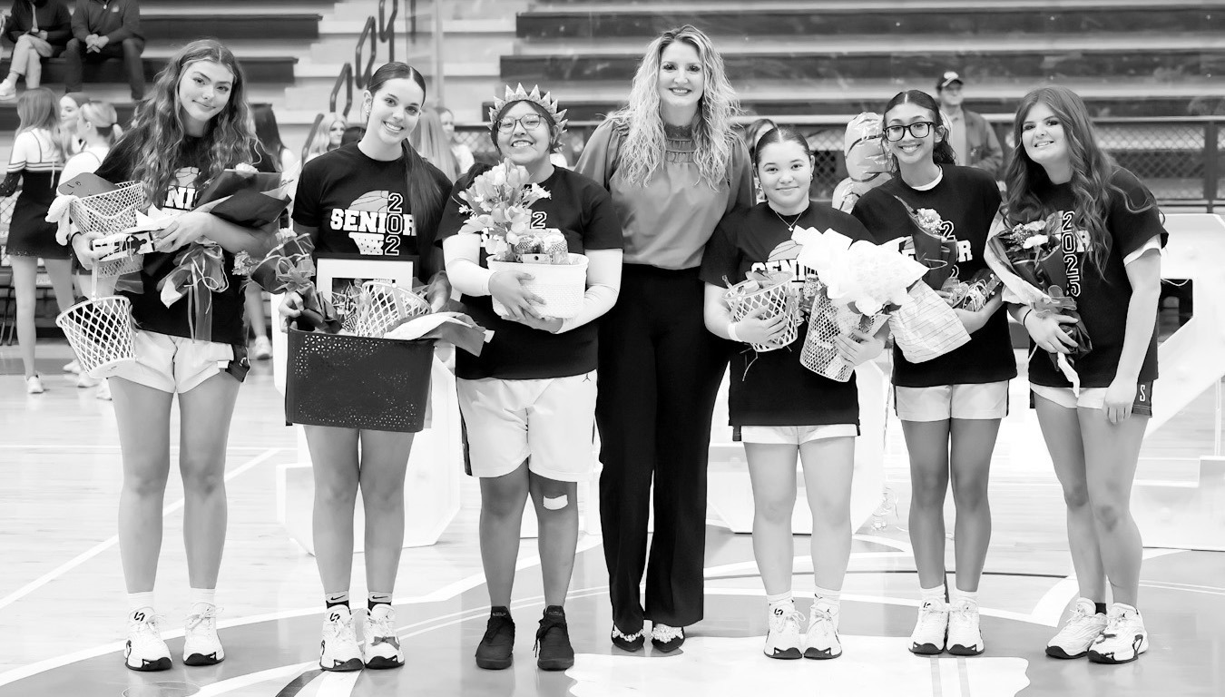 Seminole High School honored the senior members of the girls and boys basketball teams Monday night during the games against the Ada Cougars. Pictured l-r are Lady Chieftains Olivia Doucette, Kassidy Baker, Chanel Cleveland, Coach Ashley Lamb, Aundrea Tag