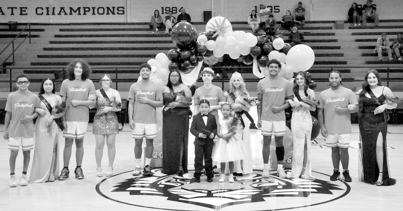 Above, Wewoka High School celebrated its 2026 Basketball Homecoming Tuesday night. The court consisted of (from l-r) Ethan Abel, Heisel Sanchez, Ayo Primeaux , Gracie Authur, Trae Woods, Jazmyne Hulbutta, King Danny Cottrell, Queen Cheyenne Tyler, Tatum L