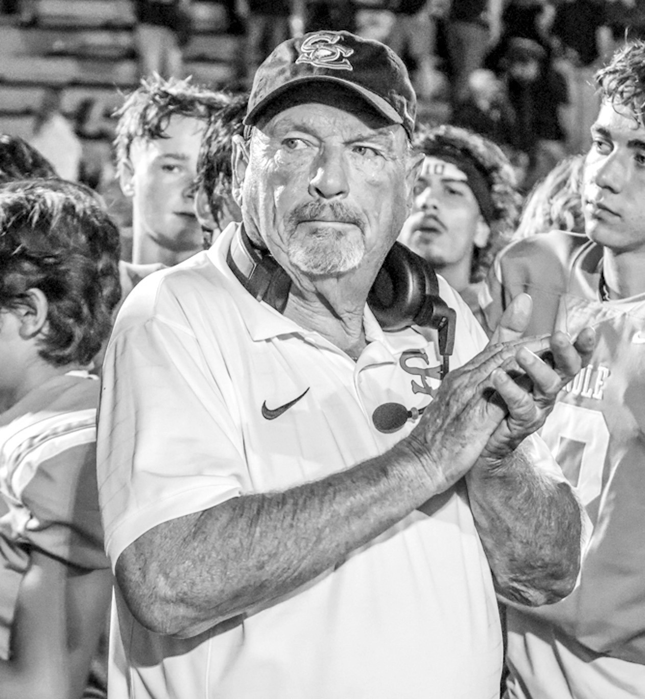 Seminole Head Coach Mike Snyder clapping along to green and white after Friday night’s win over Lone Grove. (Photo by Ben Schatzel)