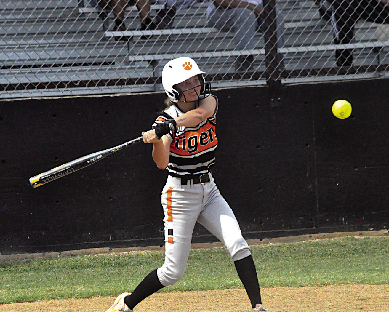 Maud Lady Tiger Kylee Collins gets a hold of one Thursday morning against Earlsboro. Maud lost 4-12. Staff Photo by Bill Anderson