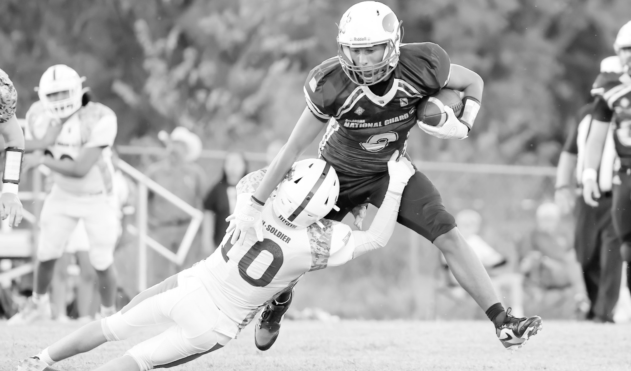 A Bowlegs defender tries to bring down Sasakwa Viking Sherman Mitchell Jr. Friday night. Courtesy Photo by Glen Bryan