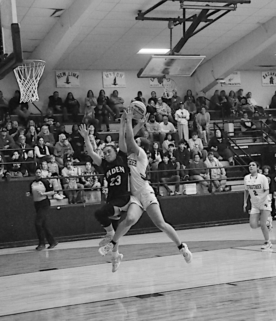 Strother Lady Yellowjacket Hayden Appleton flies in for the shot while being blocked by Paden defender. Staff Photo by Bill Anderson