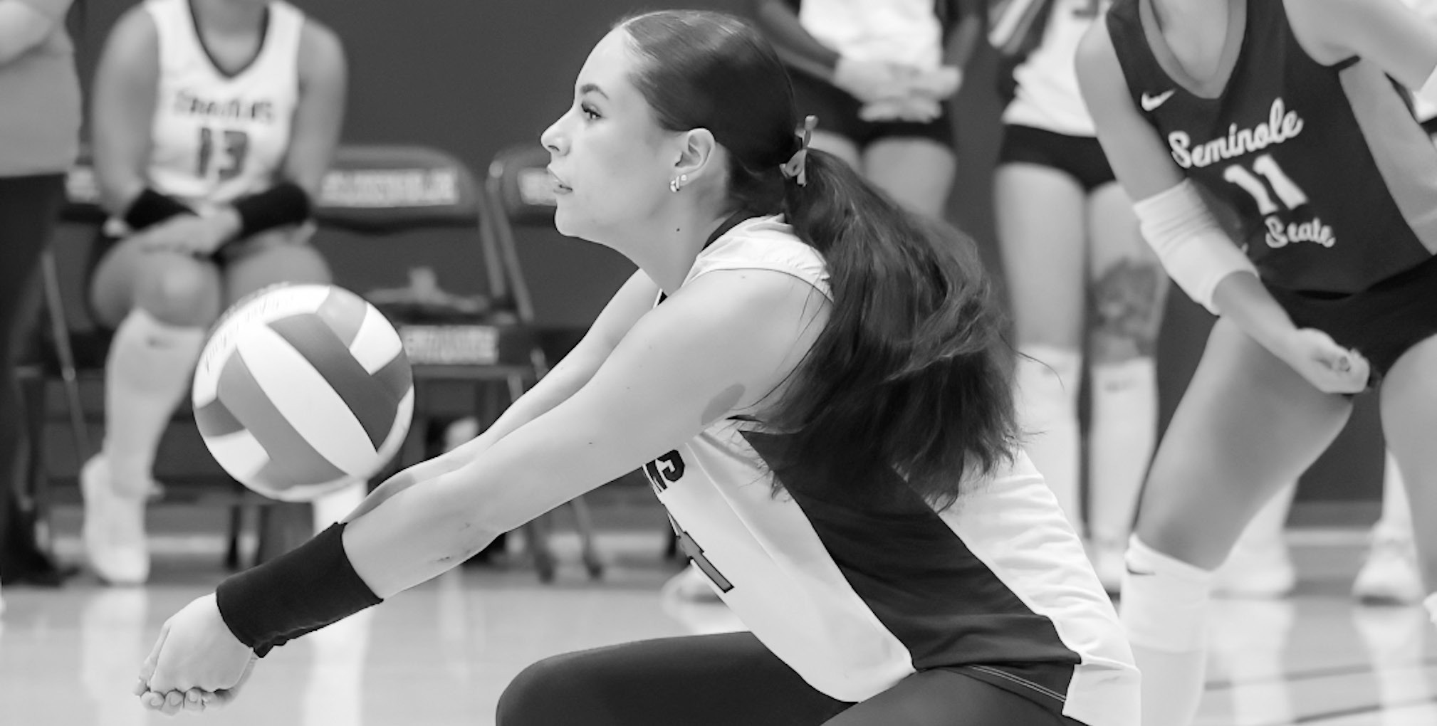Seminole State Lady Trojan Ellyana Theriot returns a serve to her front line. Courtesy Photo by Glen Bryan