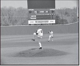 Seminole State Trojan pitcher Clayton Moore prepares to throw the fast ball Monday afternoon. Staff Photo by Bill Anderson