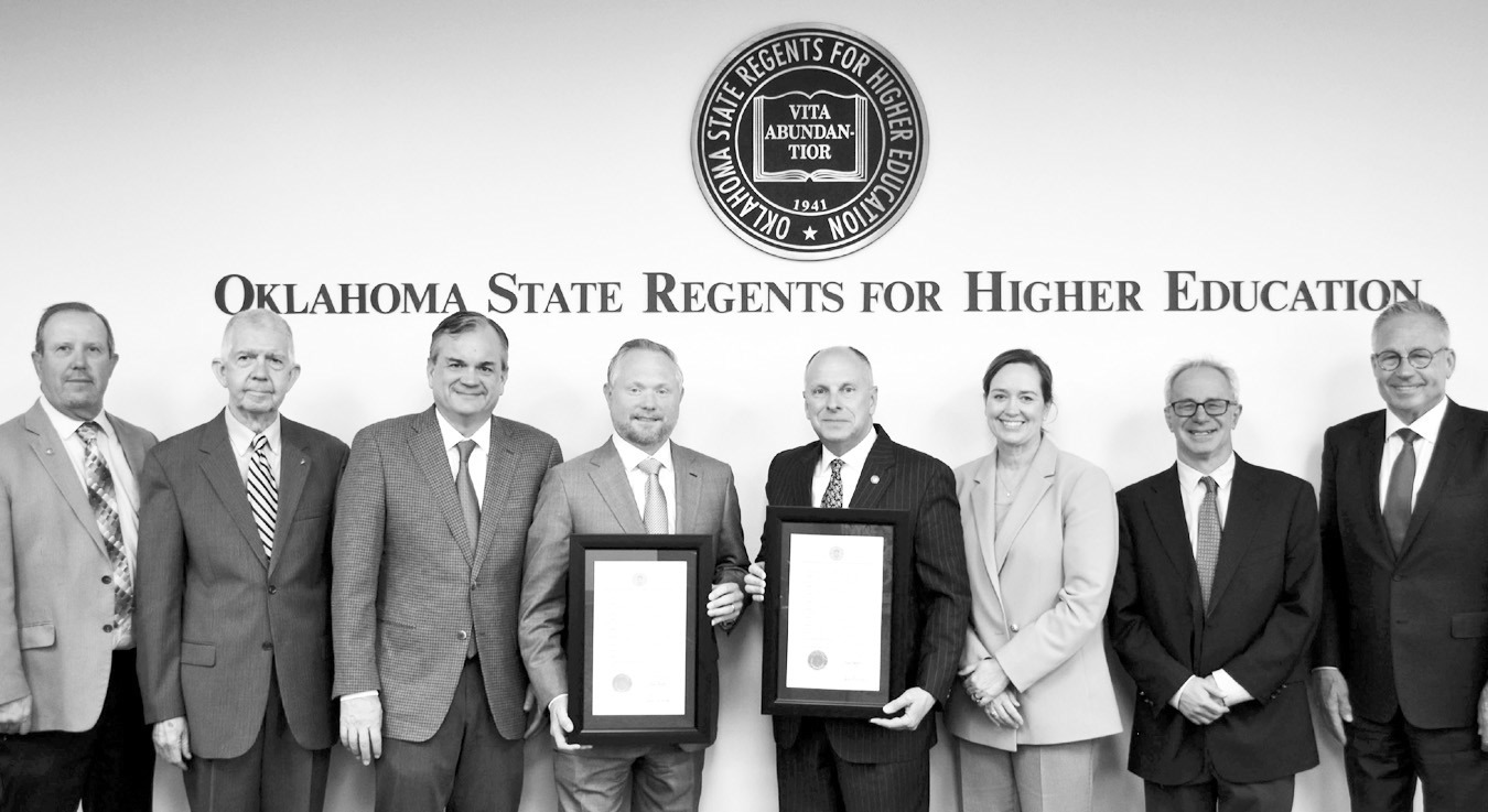 State Regents Jeffrey W. Hickman and Dustin J. Hilliary were each named State Regent Emeritus at the April 16, 2026 meeting of the Oklahoma State Regents for Higher Education. Pictured from left to right: State Regent Dennis Casey; State Regent Justice St