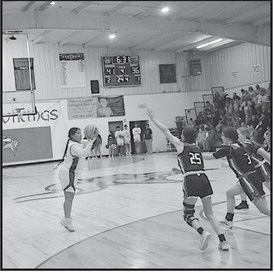 Sasakwa Lady Viking McKayla Harjo shoots from three-point range Tuesday night. Staff Photo by Bill Anderson