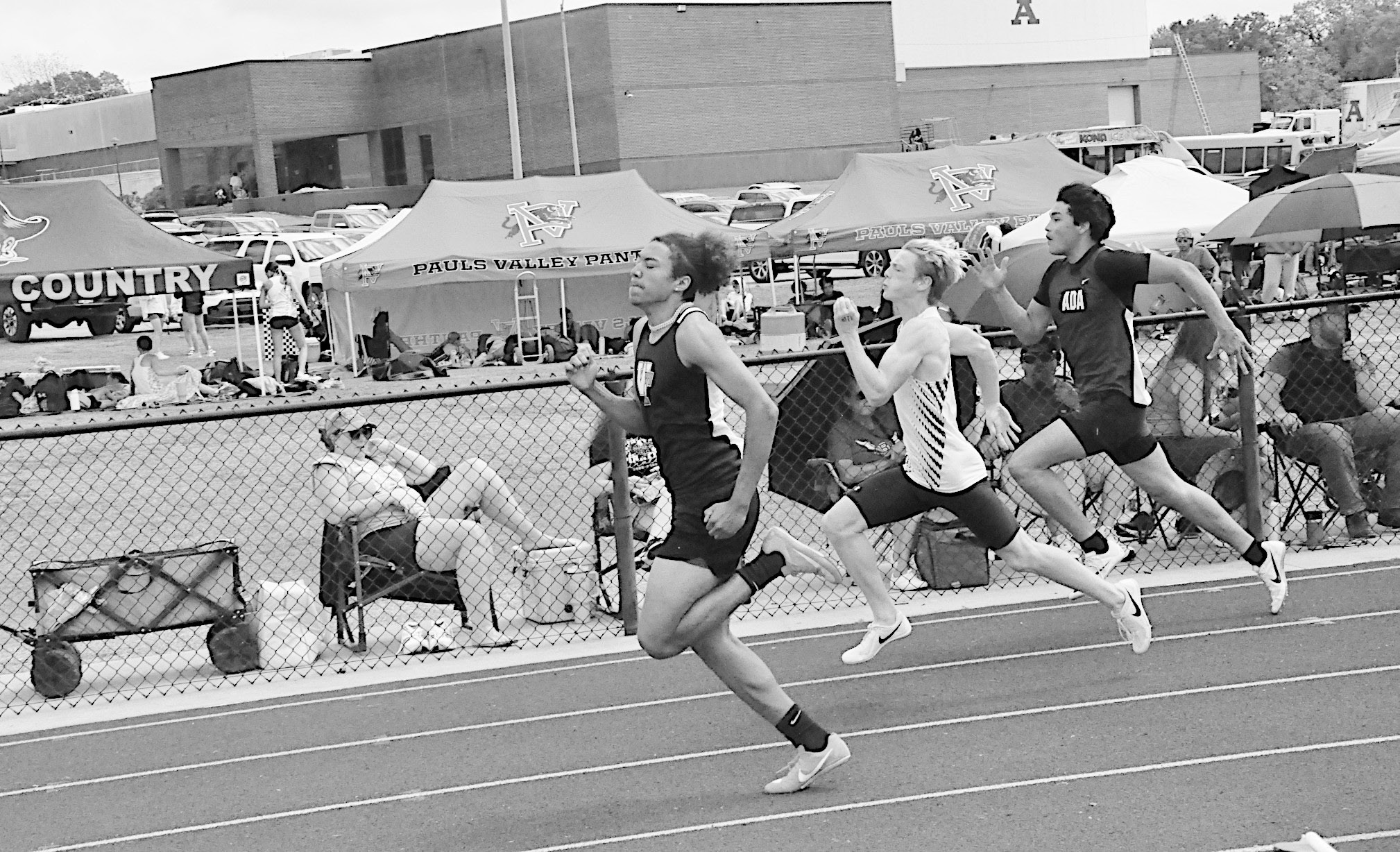 Wewoka Tiger Nadium Brunder leads the race in the 100M Friday at Ada. Staff Photo by Bill Anderson