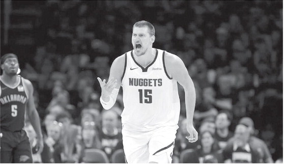 Denver Nuggets center Nikola Jokic (15) reacts after a play against the Oklahoma City Thunder in the second half during game two of the second round for the 2025 NBA Playoffs at Paycom Center May 7. (Alonzo Adams-Imagn Images / Alonzo Adams-Imagn Images)