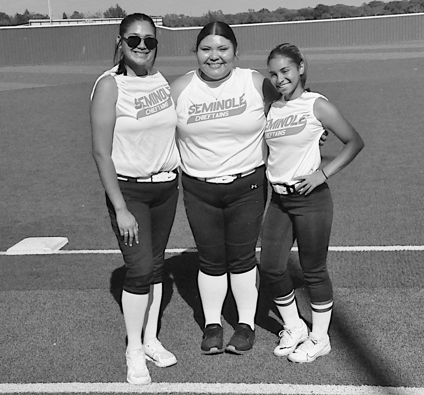 Seminole Lady Chieftains honored three of their seniors before their softball game Thursday. Pictured is Audriona Wassana, Elsie McGirt and Ava Yarbrough. Staff Photo by Bill Anderson