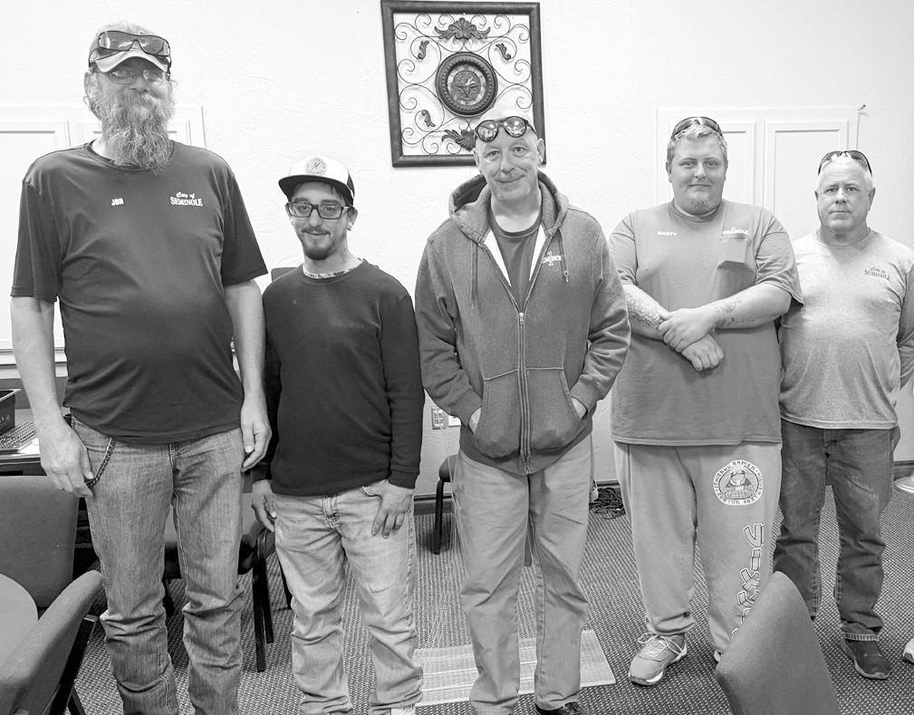 At its weekly meeting on Tuesday, the Seminole Lion’s Club recognized Seminole Parks Department employees for their help with Snowman Wonderland. Pictured l-r are Jonathan Keith, Bobby Hughes, Jesse Harris, Marty Price and Ronnie Yerby. —Photo courtes