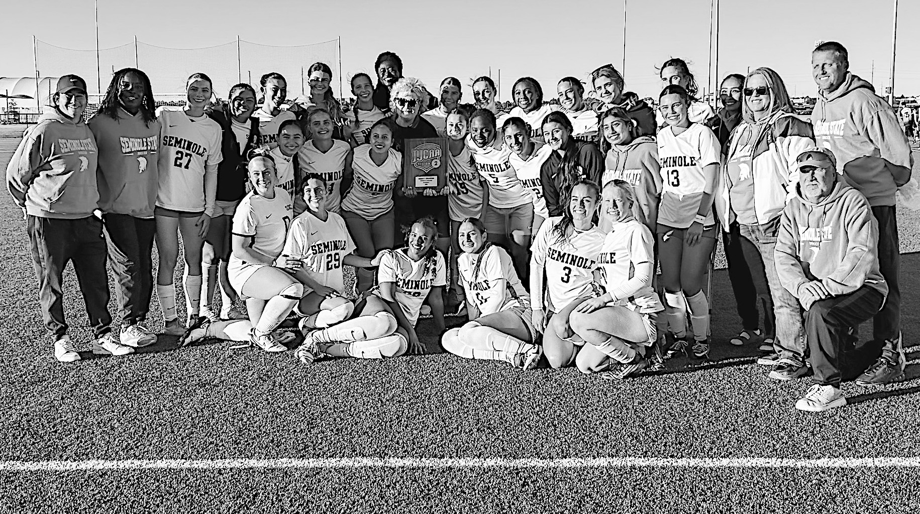 The Seminole State College women’s soccer team poses for a photo after winning the NJCAA Central Plains District Tournament on Saturday, Nov. 1, at the Advance Soccer Complex in Enid. The victory sends the Trojans to the NJCAA Division I Women’s Socce