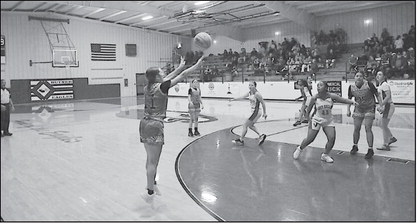 Sasakwa Lady Viking Addy Odom takes her shot from three-point range Friday night. Staff Photo by Bill Anderson