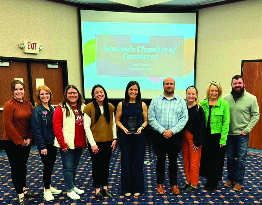 Impact Seminole was honored by the Seminole Chamber of Commerce with the “Up and Coming” Award. Pictured l-r are Whitney Robertson, Amanda Kuehner, Laura Allison, Emily Payne, Jenna Geoghegan, Adam Baker, Jacee James, Heather James and Tyler Geohagan.