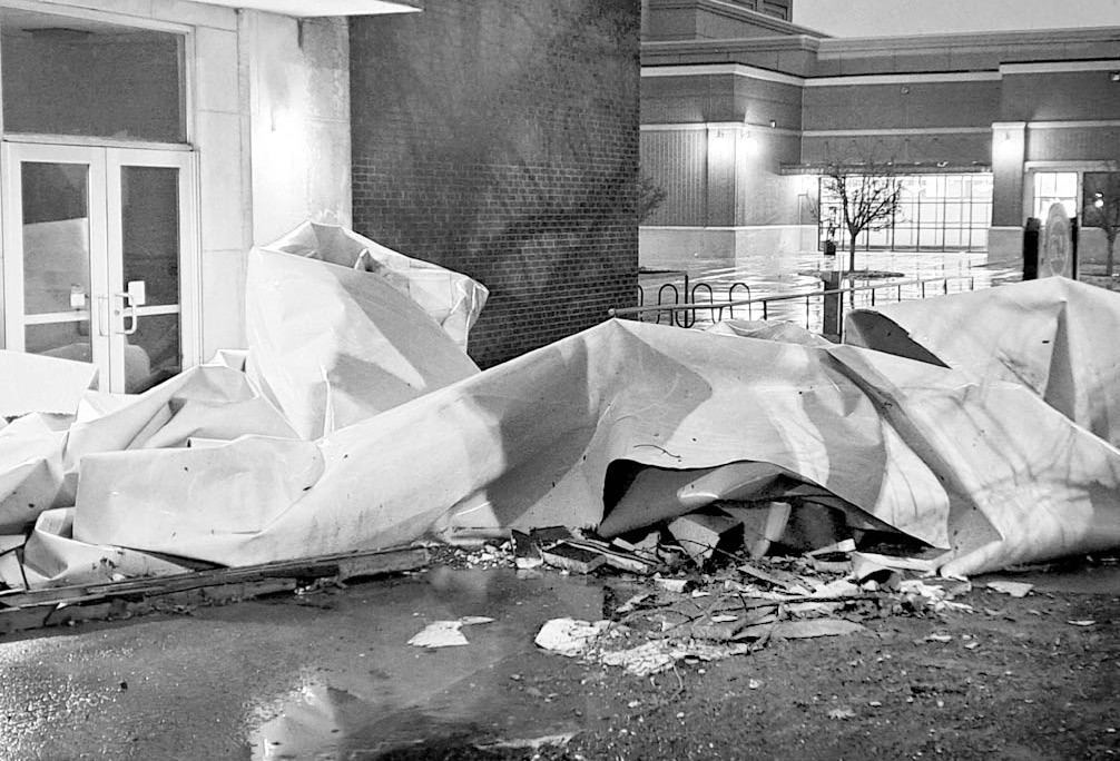 Above, a photo of East Central University’s Horace Mann Building shows damage and debris in the wake of tornado that hit Ada earlier this week. ECU will remain closed until Monday, according to a press release from the university. —ECU Photo