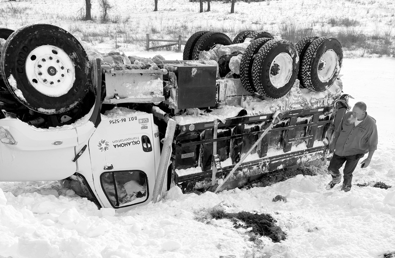 An Oklahoma Department of Transportation truck wound up in a ditch along Highway 9 early last week as a snowstorm crippled motorists and canceled classes across Seminole County. The accident occurred about one mile west of Seminole High School. The snow i