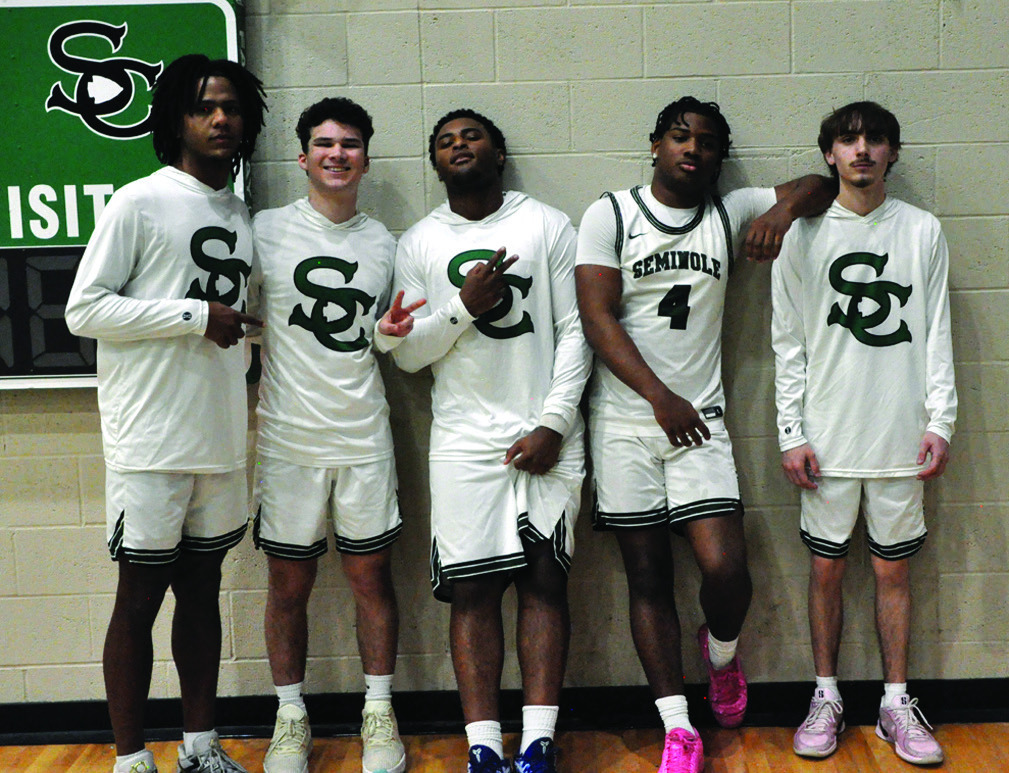 Thursday was Senior Night at the Seminole High School basketball game against the Tecumseh Savages. Senior basketball players honored included Jay Ladd, Ben Schatzel, Christian Brager, Donavin Garfield and Ace Dawson Hallmark. —Staff Photo by Bill Ander