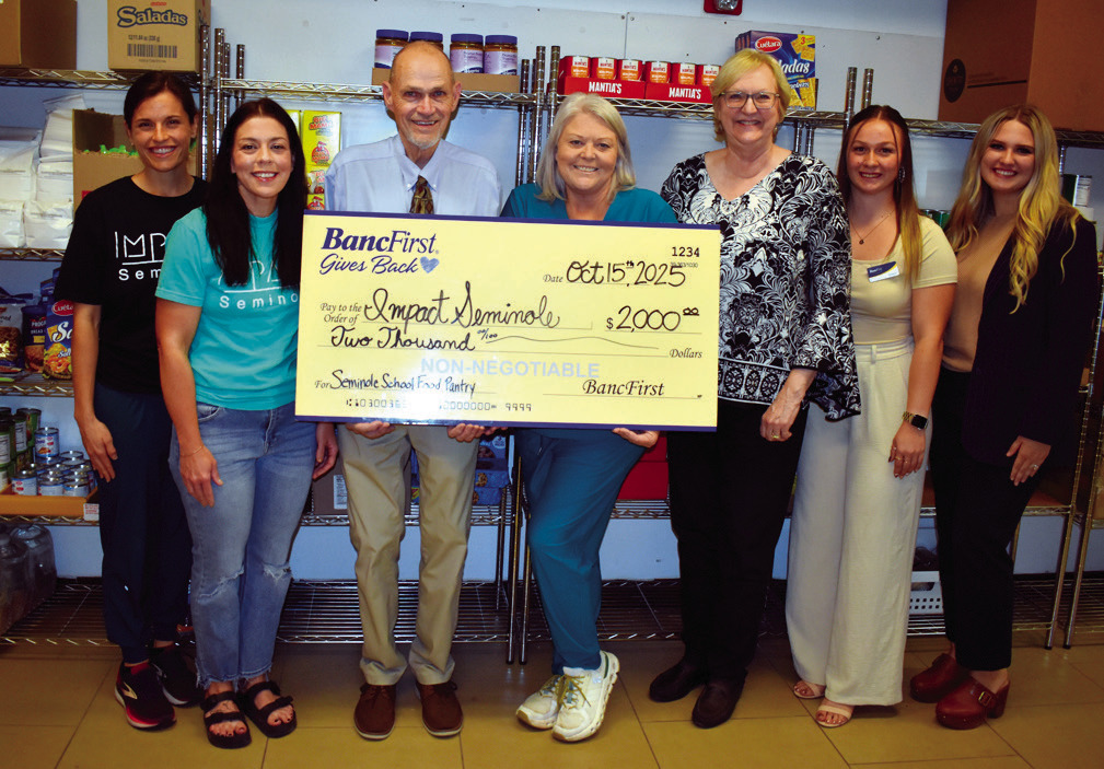 BancFirst Seminole made a $2,000 donation to Impact Seminole, a local nonprofit, last week that will be used to stock the food pantry at Seminole Public Schools. Pictured l-r: Jenna Geohagen, Emily Payne, Superintendent Dr. Bob Gragg, Callie Giles, BancFi