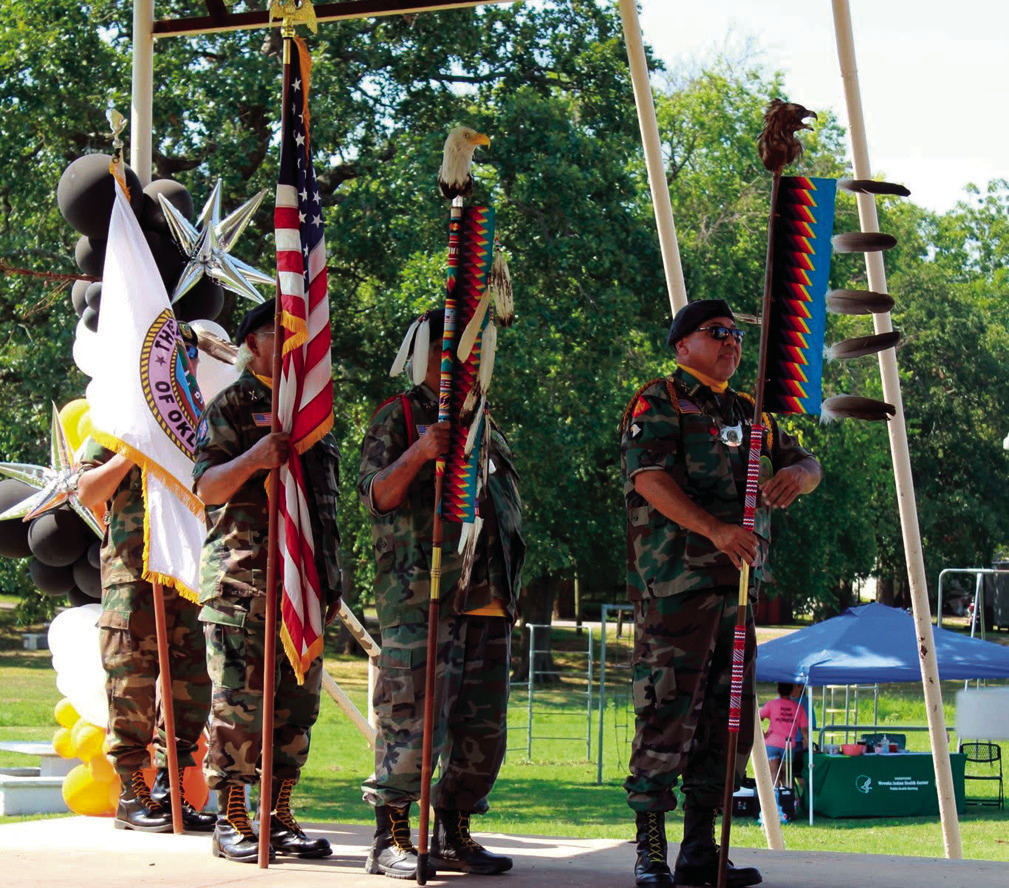 The Seminole Nation Honor Guard, which is dedicated to honoring fallen members of the military, particularly Seminole veterans, presents the colors at an event last Saturday in Konawa. On Wednesday, Aug. 20, the “Season of the Warrior” project tour wi