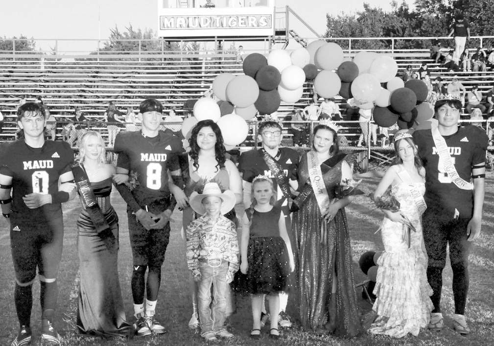 Maud High School celebrated its 2026 Homecoming Friday night. Pictured l-r is this year’s court: Nathaniel Amburn, Payton Collins, Jessy Hames, Aloyna Siqueros, Gabe Siqueros (King), Kaelynn Hoffman (Queen), Chloe Peters and Julious Brown. Standing in front are Brennon Hurley, crown bearer, and Charlee Killian, flower girl. Maud capped the night off with a 36-30 victory over Bowlegs to win the “59 Bowl.” (Photo by Bill Anderson)