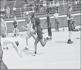 Wewoka Lady Tiger Heavenli Hill places 16th overall in the 100M run with a time of 13.13 Tuesday. Staff Photo by Bill Anderson