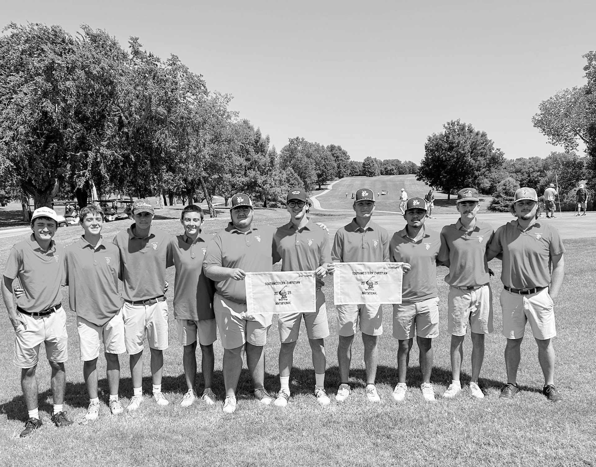 The Seminole State College men’s golf team opened its fall season with a first-place finish at the Southwestern Christian Invitational. Pictured (left to right): Colt Moore of Haskell, Texas, Eli Coleman of Choctaw, Joseph Williams of Sutton Coldfield, 
