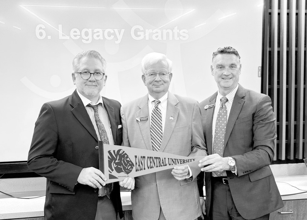 TSET has approved a $13M Legacy Grant to ECU for the purpose of completing the Dan Hays STEM Center and School of Nursing in Ada. From left to right: ECU Provost Dr. Jeffrey Gibson, ECU Senior Advancement Officer Gerald Williamson, and ECU President Wende