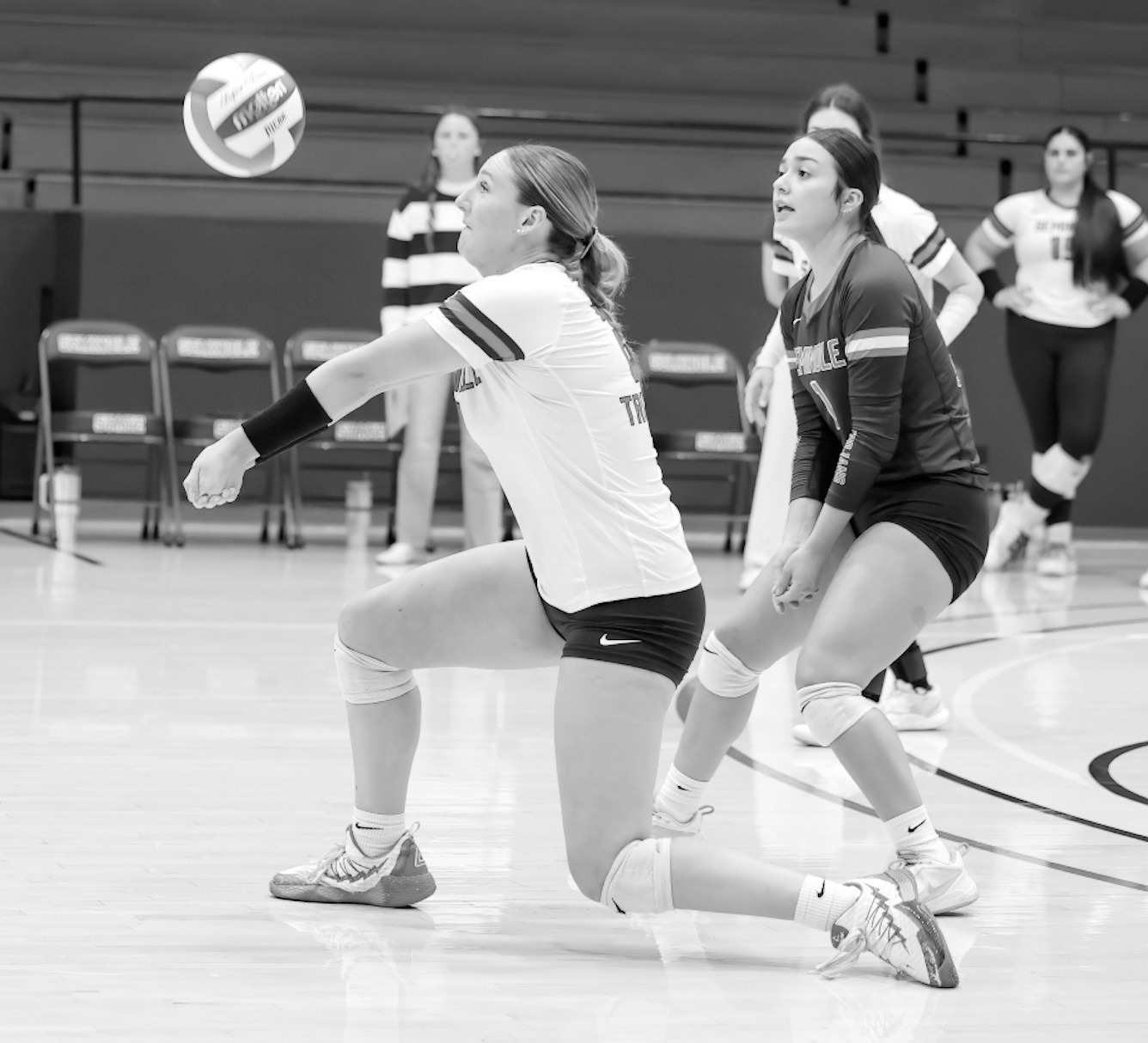 Seminole State Lady Trojan Malerie Hawk returns a serve to her front line. Courtesy Photo by Glen Bryan