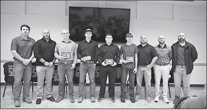 The Konawa Tigers finished the 2025 season as Class A Division II District Champions. Pictured is the Konawa football seniors with coaches. Head coach Jeff Tompkins was awarded the All District Coach of the Year. Courtesy Photo