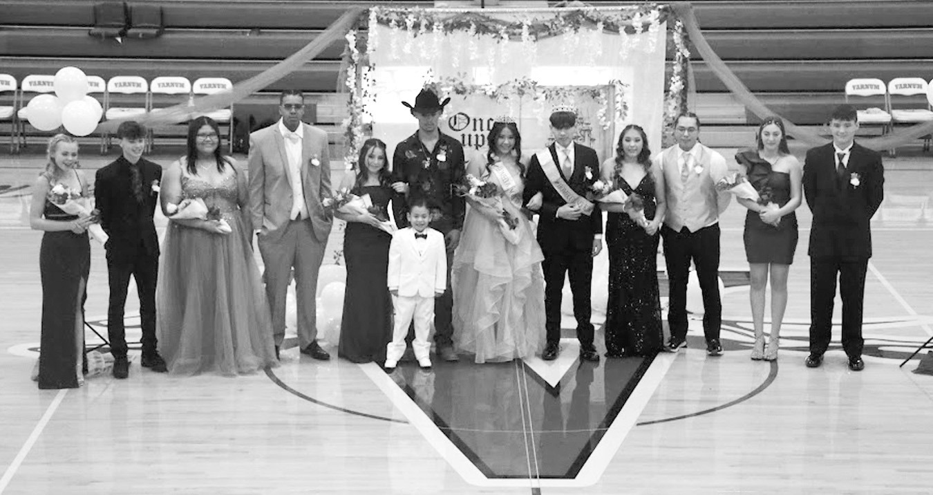 Pictured l-r is Varnum’s 2024 homecoming court: Skyler Yott, Daison Hadley, Mvhayv Salceda, Jon Madkins, Meagan Wildcat, C.J. Bernard, Queen Katherine Morgan, King Adrian Vigil, Maddie Schatz and Jett French. Front: Prince Demarcus Wildcat. Not pictured