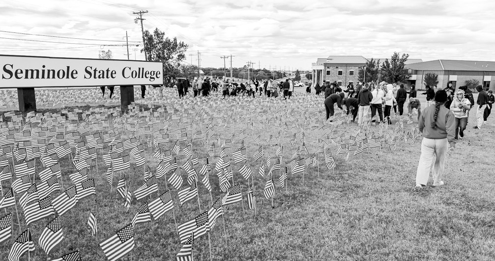 Seminole State College students plant flags on campus ahead of SSC’s third annual Military and Veteran Resource Fair in November 2025. The annual event reflects SSC’s continued support for military-connected students, veterans and their families. (Pho