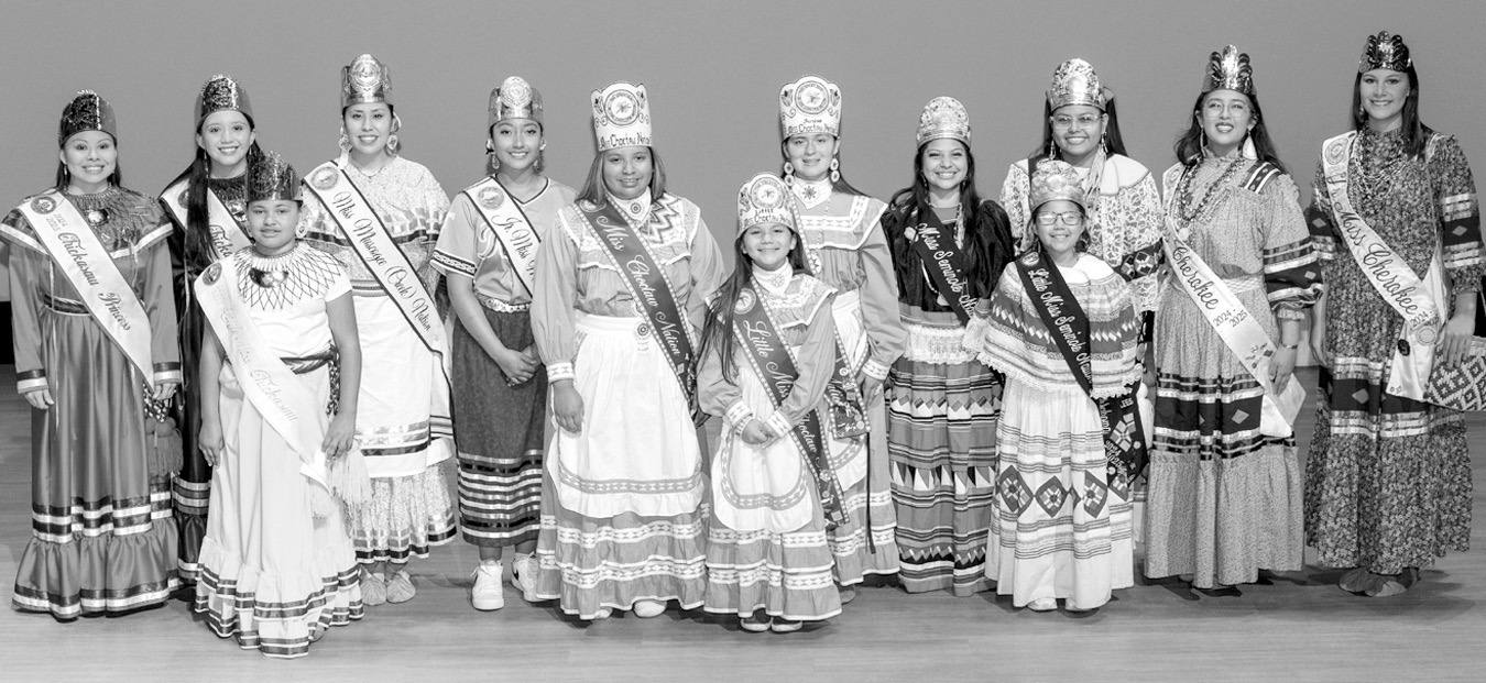 From left, Chickasaw Princess Cheyanne Arkansas, Chickasaw Junior Princess Channa Greenwood, Little Miss Chickasaw Eliorah Wright, Miss Muscogee Nation Janaya McIntosh, Junior Miss Muscogee Nation Olivia Beaver, Senior Miss Choctaw Melea Jefferson, Little