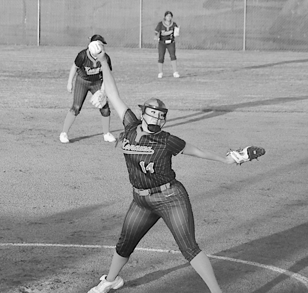 Konawa Lady Tiger Jayden Coats throws the fast ball to the Varnum batter Friday. Staff Photo by Bill Anderson