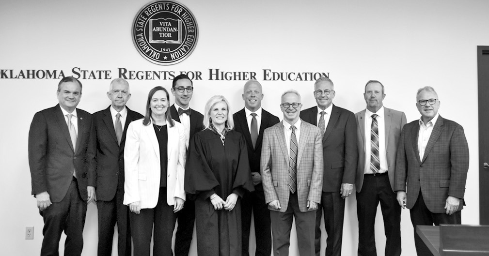 L-r: Chancellor Sean Burrage; State Regent Justice Steven W. Taylor; State Regents’ Chair Courtney Warmington; State Regent Trevor Pemberton; Oklahoma Supreme Court Vice-Chief Justice Dana Kuehn; State Regent Brian Beller; State Regent Ken Levit; State Regent Jack Sherry; State Regent Dennis Casey; and State Regent Mitch Adwon.