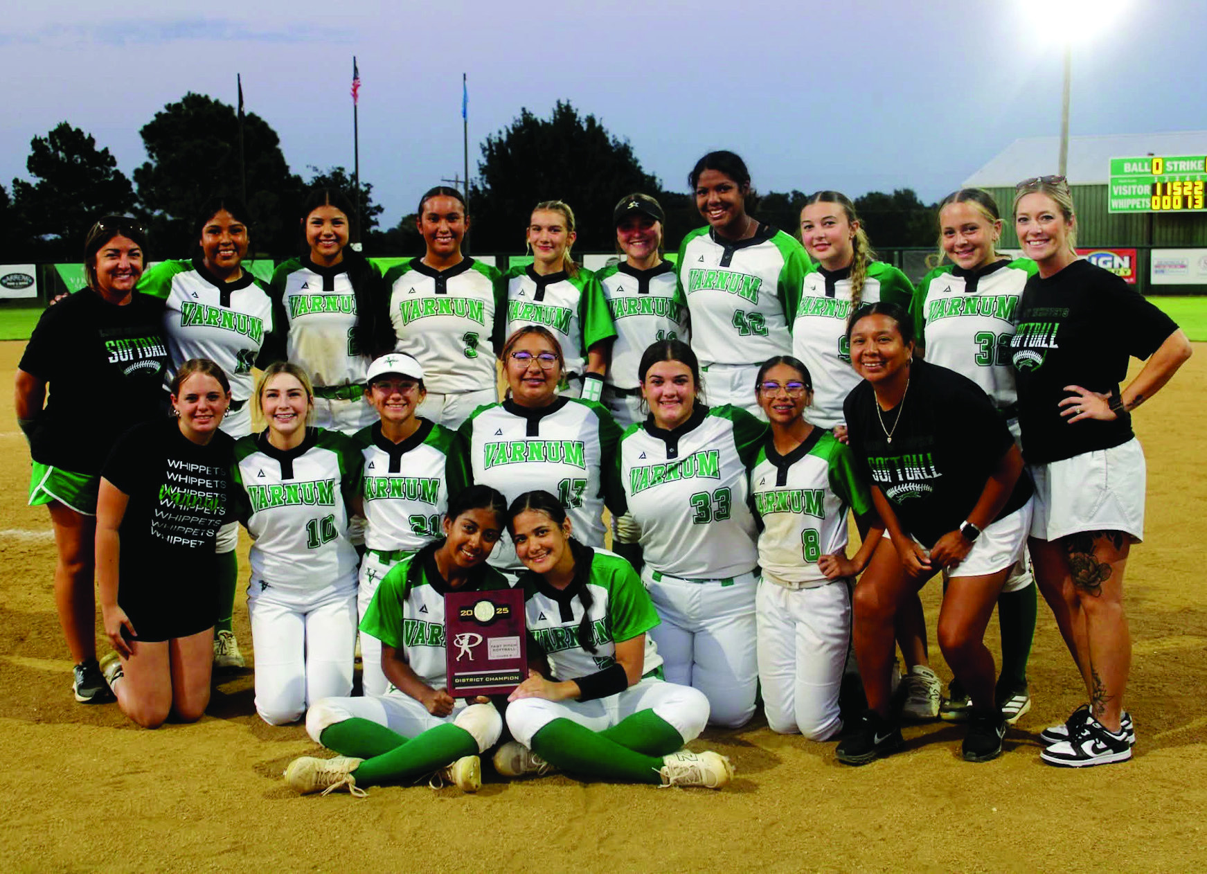 The Varnum Lady Whippets are District Champions are winning the Championship over Bowlegs 10-0 and 21-4 Thursday. Courtesy Photo by Jeanne Gosa