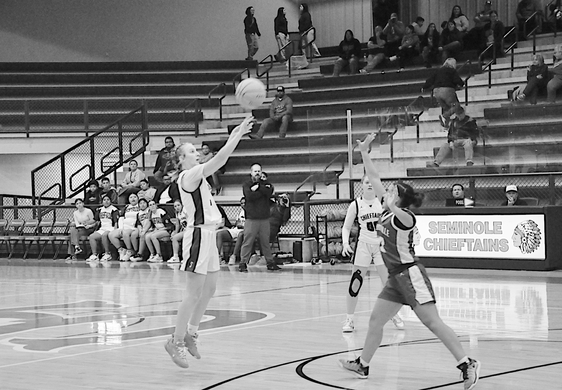 Seminole Lady Chieftain Ryeley Stanfield takes the shot from three-point range Tuesday night. Staff Photo by Bill Anderson